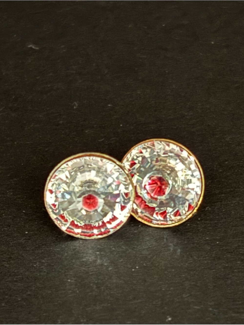 Vintage Iris Glass Stud Earrings Gold Tone Red Center Foil Back Prism Round Post